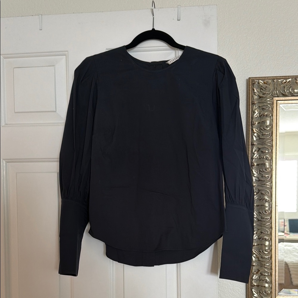 Veronica Beard Navy Long-Sleeve Puff-Shoulder Blouse